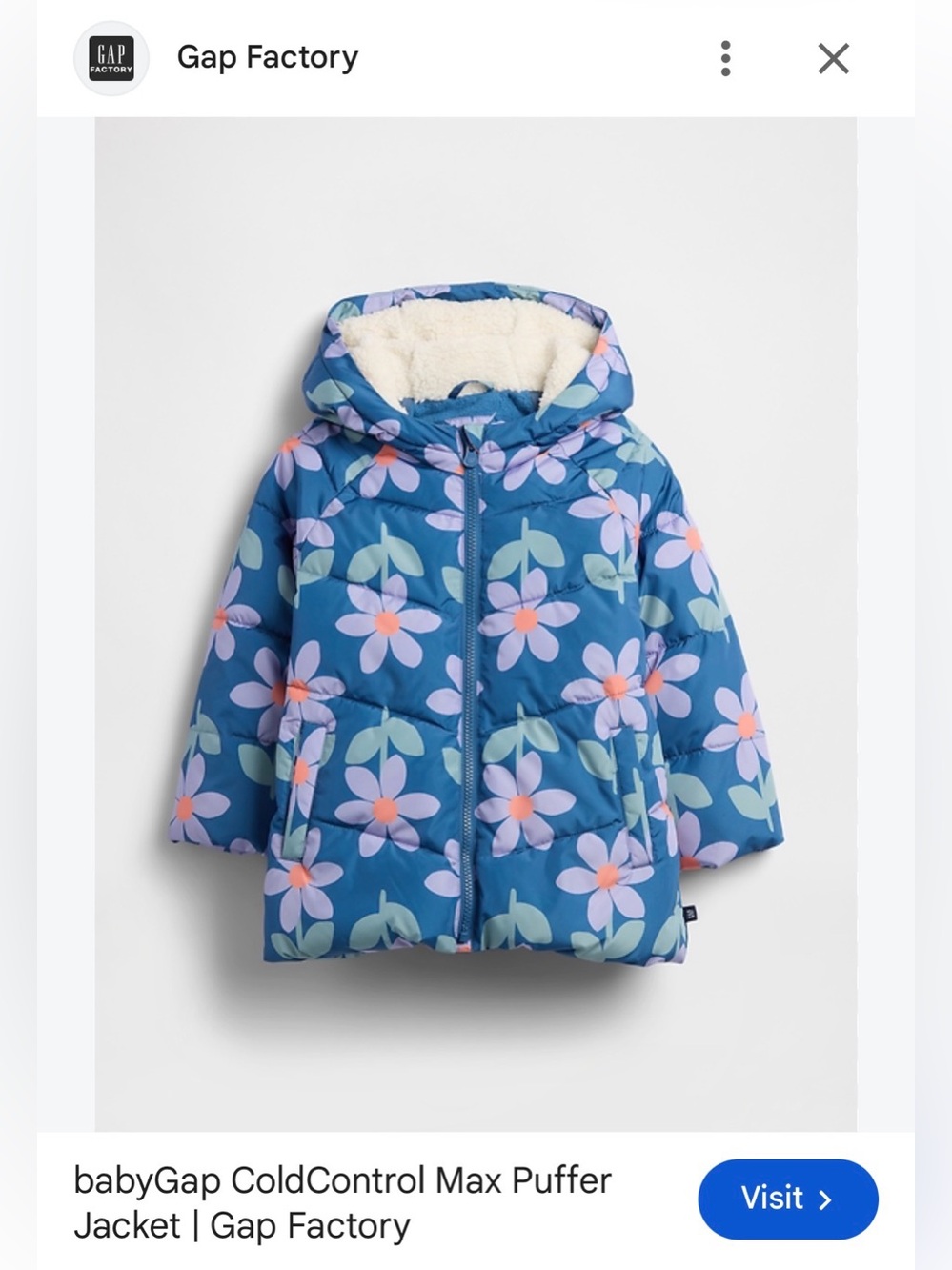 GAP Blue Floral Puffer Jacket with Sherpa Hood